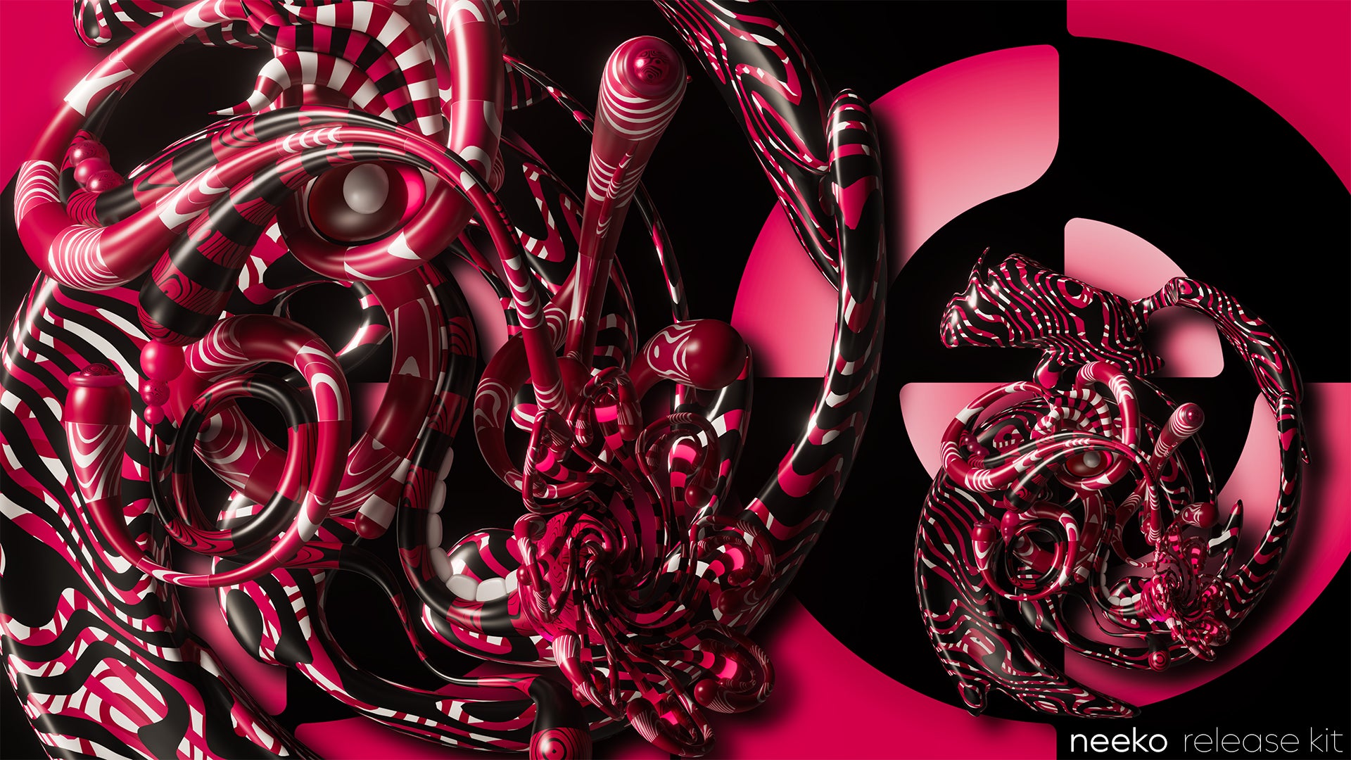 Abstract digital artwork featuring glossy, swirling red, pink, black, and white organic forms on a black background, with a visible 'neeko release kit' label in the bottom right corner.