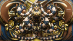 A highly detailed, symmetrical 3D digital render of a complex mechanical creature or decorative sculpture. The design features a central body with multiple limbs and eyes, rendered in metallic gold, dark blue, cream, and black.