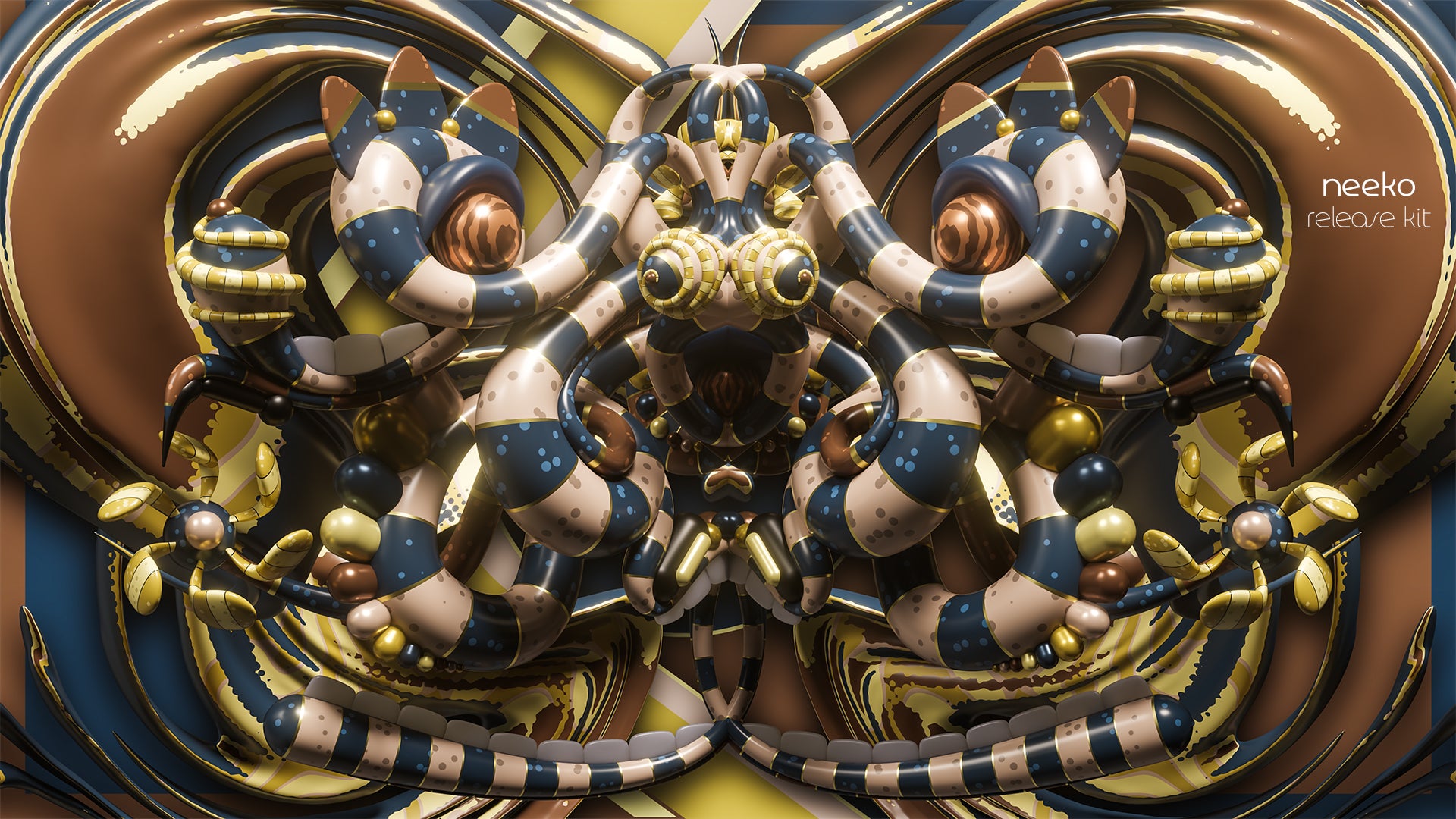 A highly detailed, symmetrical 3D digital render of a complex mechanical creature or decorative sculpture. The design features a central body with multiple limbs and eyes, rendered in metallic gold, dark blue, cream, and black.