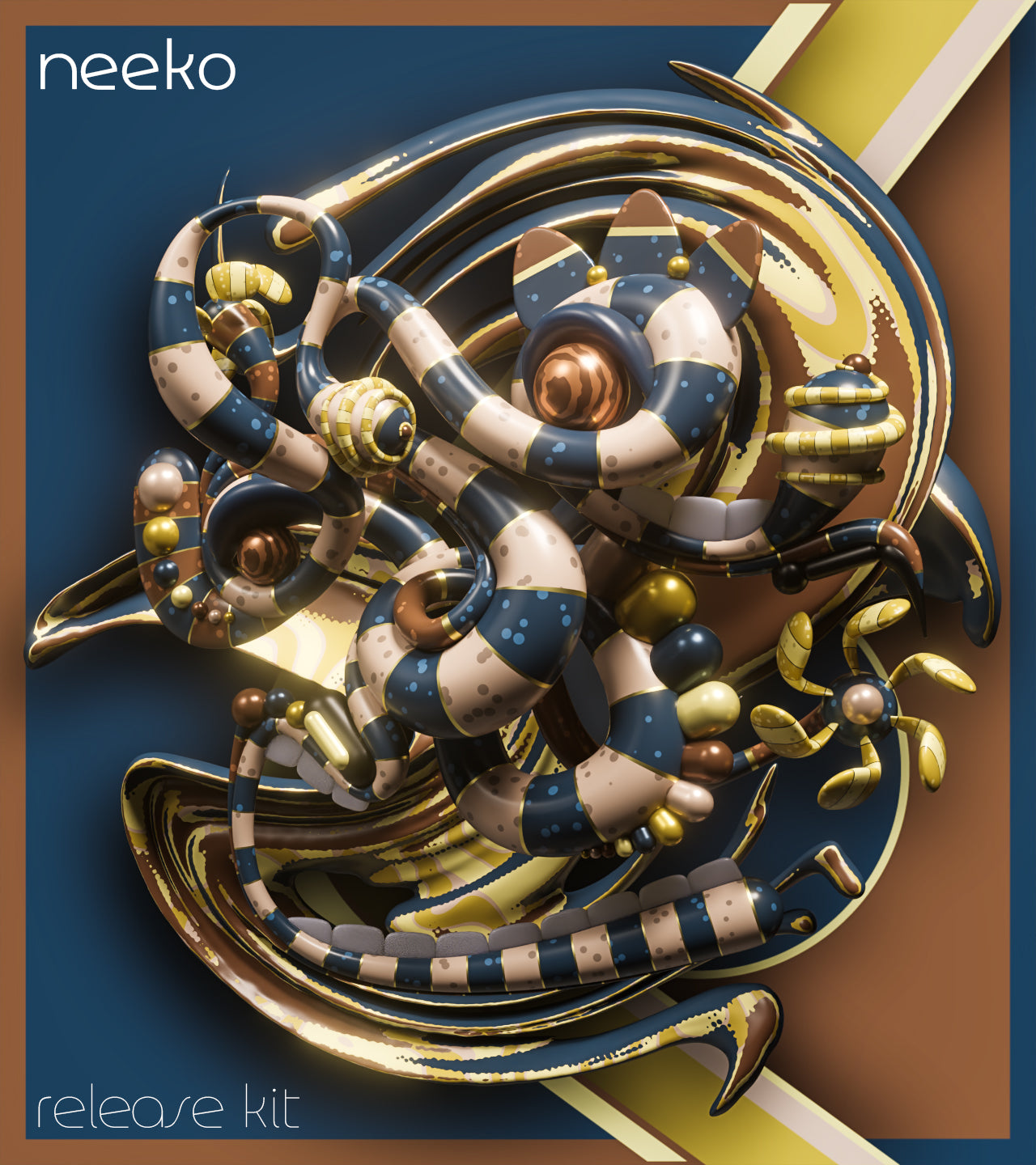 A stylized 3D abstract creature or serpent-like form with blue, cream, gold, and brown elements, presented as cover art with the text 'neeko' at top left and 'release kit' at bottom left.