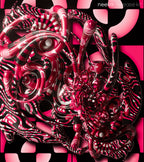 Abstract digital artwork featuring glossy, reflective organic shapes and swirling patterns in vivid pink, red, and black, with the text 'neeko release kit' in the top right corner.
