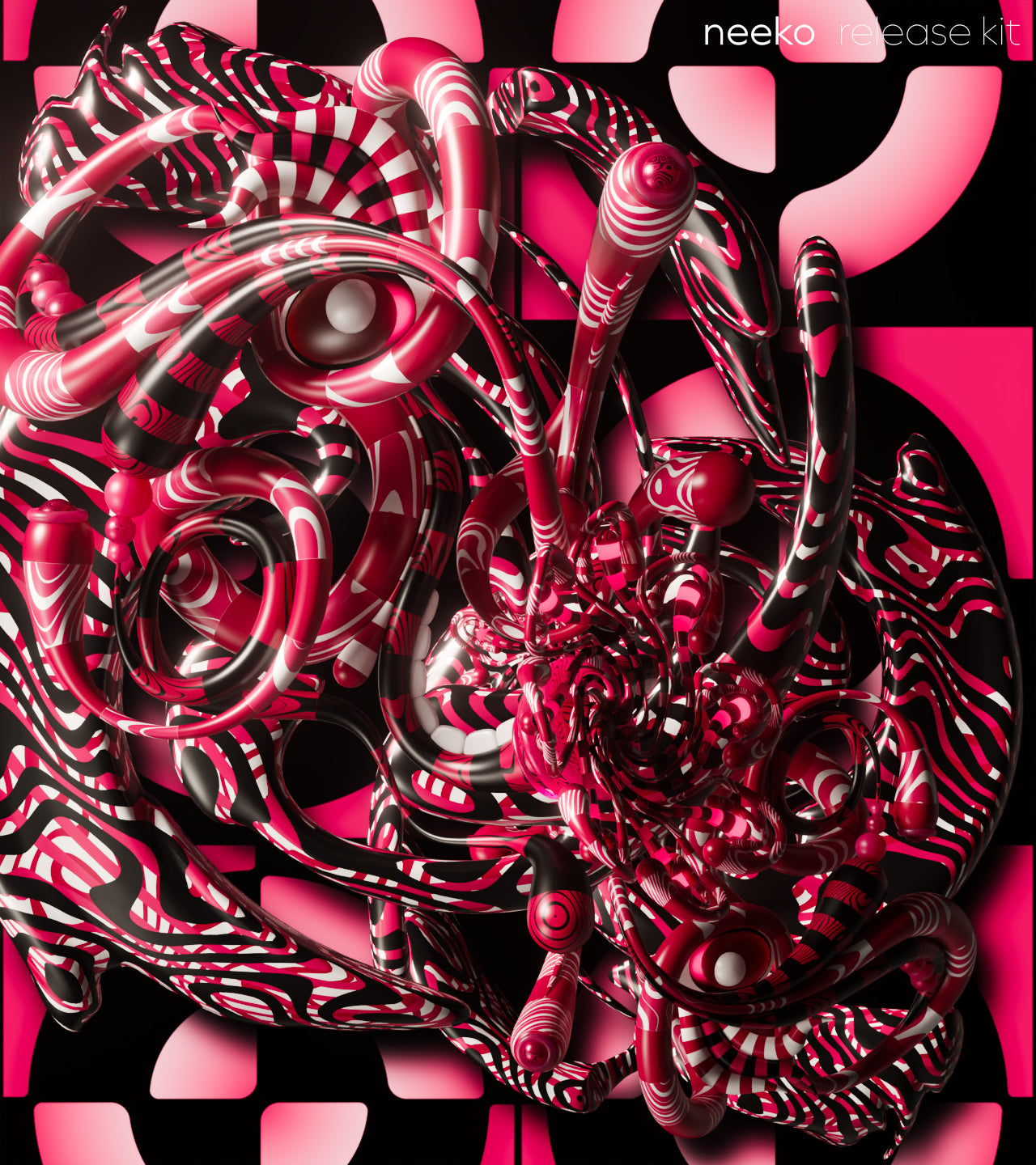 Abstract digital artwork featuring glossy, reflective organic shapes and swirling patterns in vivid pink, red, and black, with the text 'neeko release kit' in the top right corner.