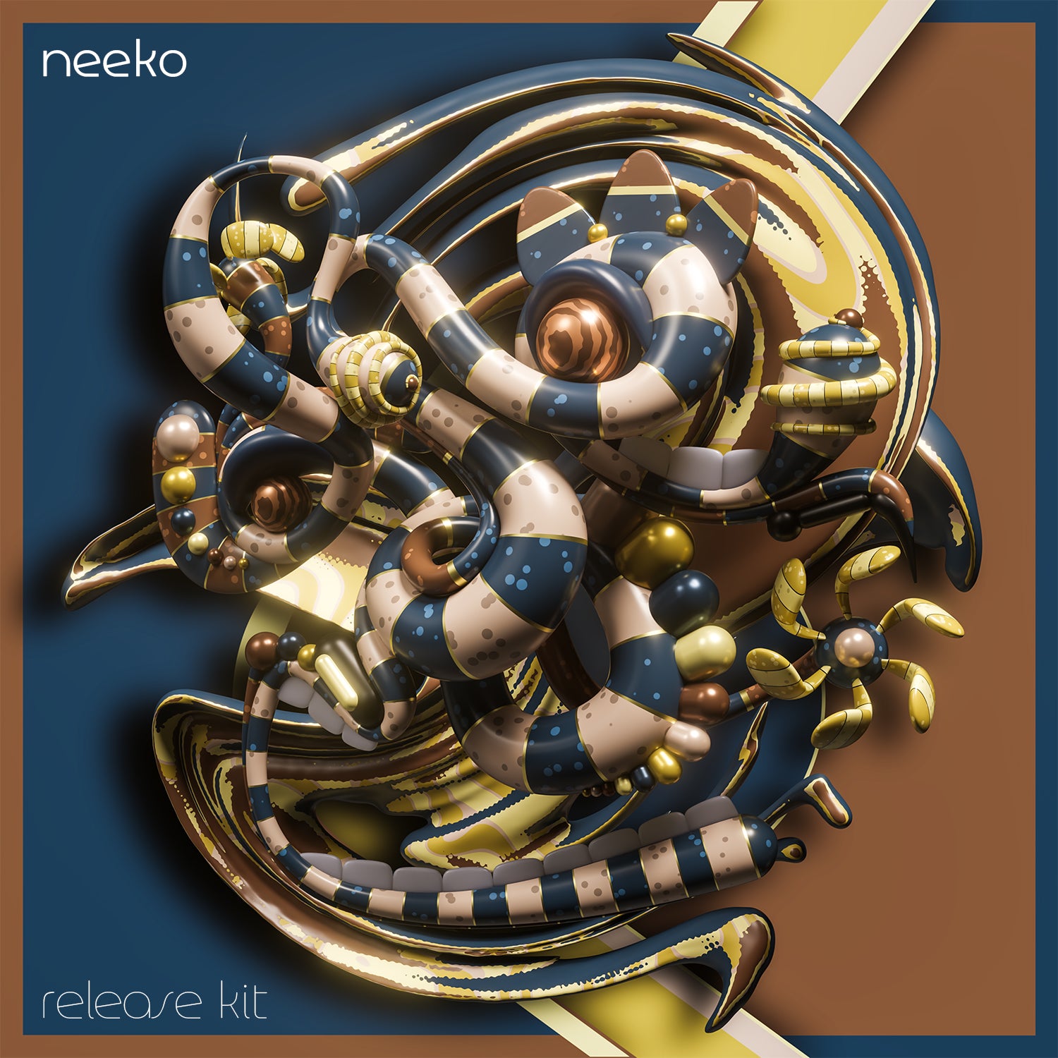 Digital cover art for 'release kit' by neeko, featuring a highly detailed, abstract 3D sculpture of organic, flowing forms in metallic gold, navy blue, cream, and brown on a stylized background.