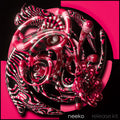 Abstract 3D render of glossy pink, red, black, and white organic ribbon-like forms on a black background with hot pink graphic shapes. The text 'neeko release kit' appears at the bottom.