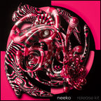 Abstract 3D render of glossy pink, red, black, and white organic ribbon-like forms on a black background with hot pink graphic shapes. The text 'neeko release kit' appears at the bottom.