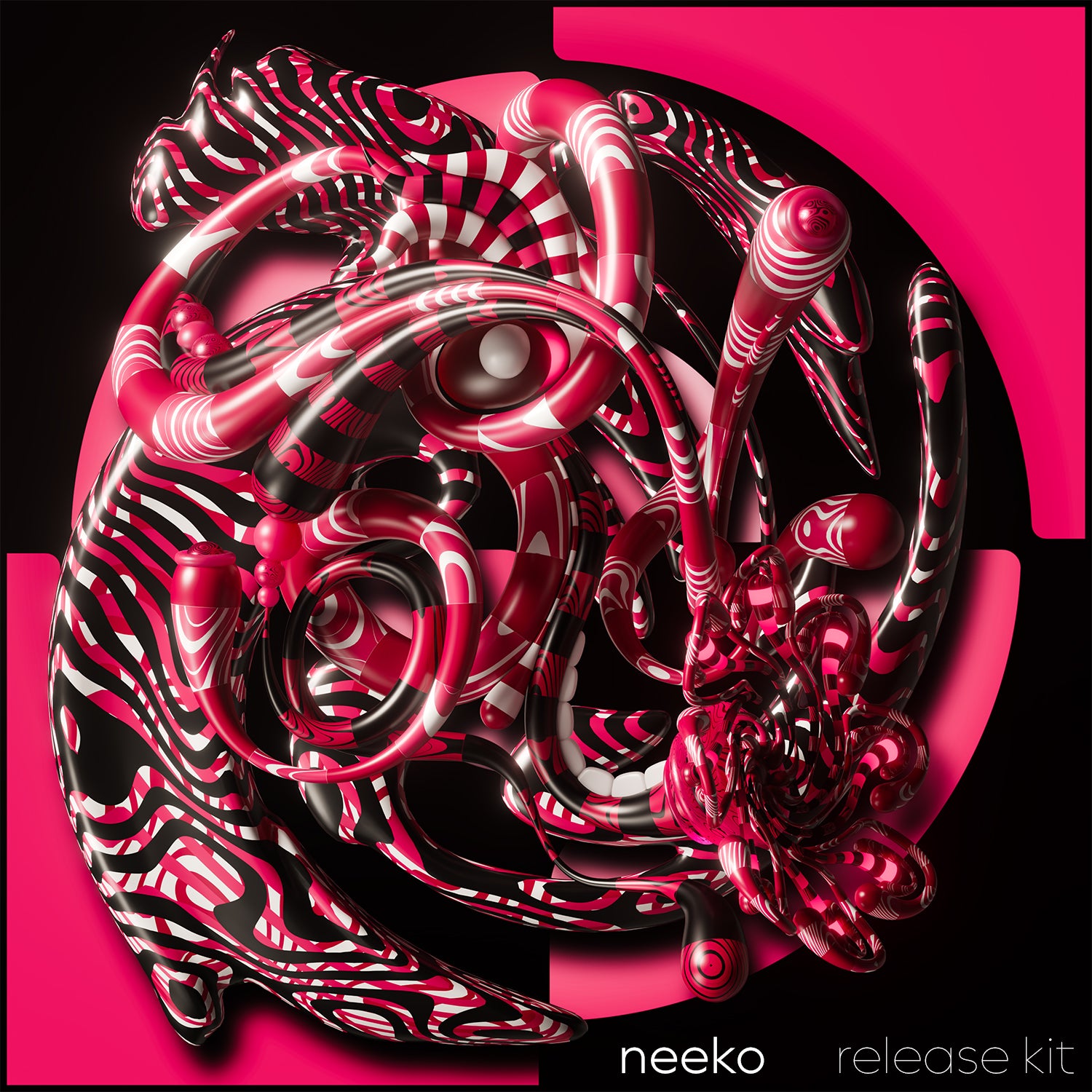 Abstract 3D render of glossy pink, red, black, and white organic ribbon-like forms on a black background with hot pink graphic shapes. The text 'neeko release kit' appears at the bottom.