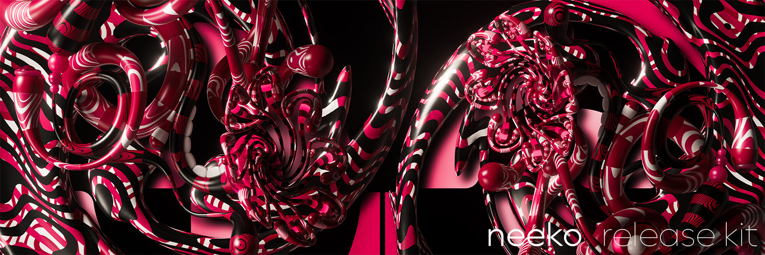 Abstract digital artwork featuring glossy, swirling 3D ribbon-like forms in metallic pink, magenta, and black on a dark background, with a visible 'neeko release kit' watermark in the lower right.
