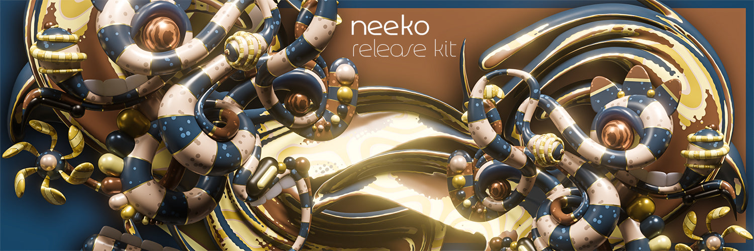 A digital cover art graphic for 'neeko release kit' featuring highly detailed, abstract 3D metallic snakes in gold, bronze, and navy blue with cream accents, set against a dark brown and blue background.