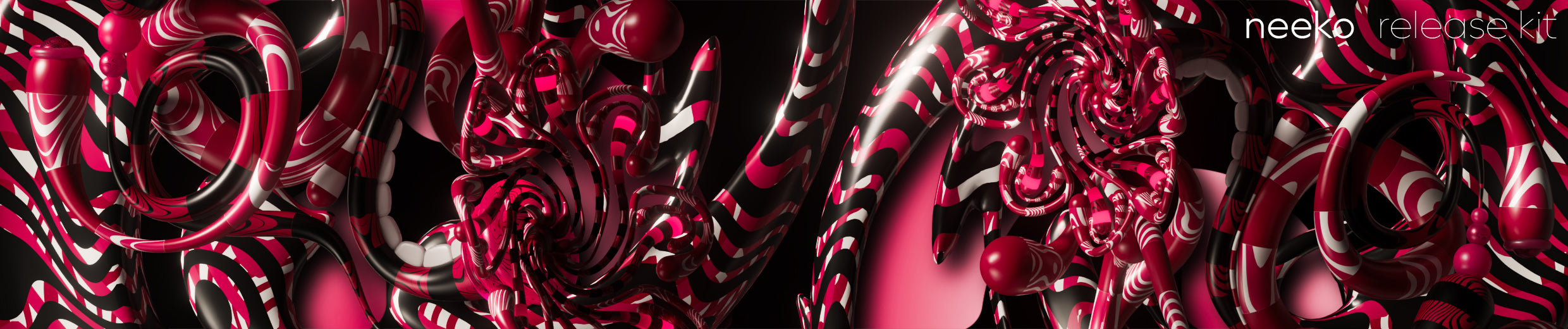 Abstract digital artwork featuring glossy, metallic pink and red swirls and ribbon-like forms on a black background, with a small 'needo render365' watermark in the top right corner.