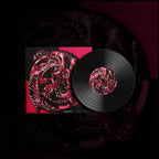 A vinyl record and its sleeve displayed together on a dark background. The record is black with a pink and red abstract label, and the sleeve features a matching abstract red, pink, and black design.