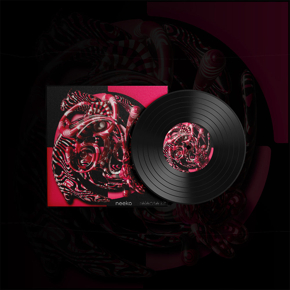 A vinyl record and its sleeve displayed together on a dark background. The record is black with a pink and red abstract label, and the sleeve features a matching abstract red, pink, and black design.