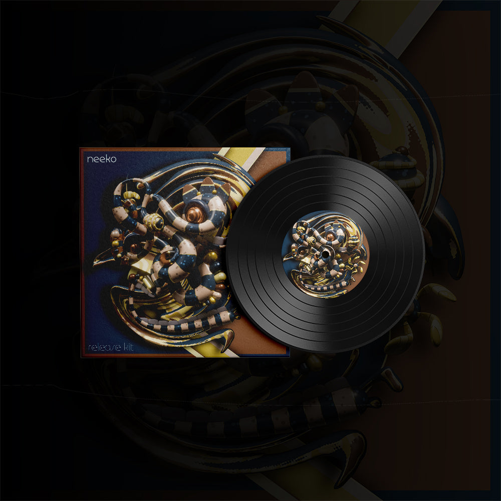 A vinyl record and its album cover for 'telepathic life' by the artist 'neeko', displayed against a dark, abstract background.